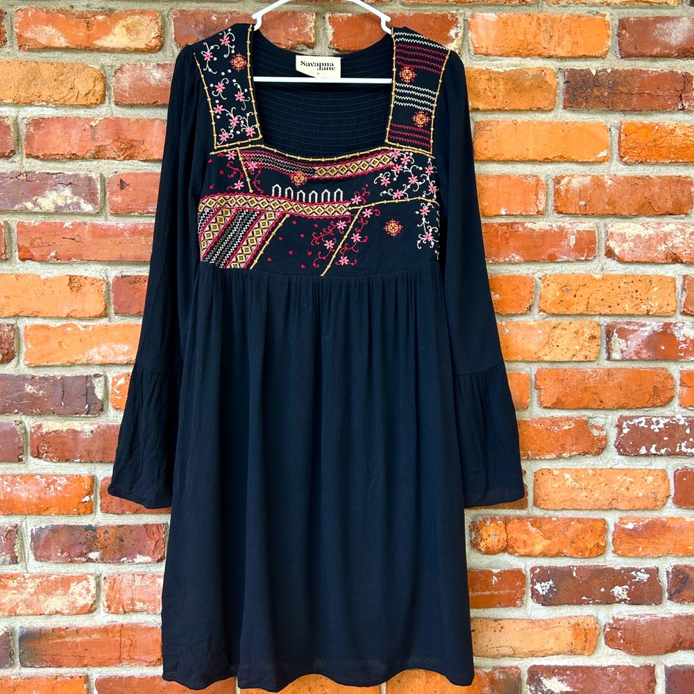 Savanna Jane Black Embroidered Boho Dress S Boutique